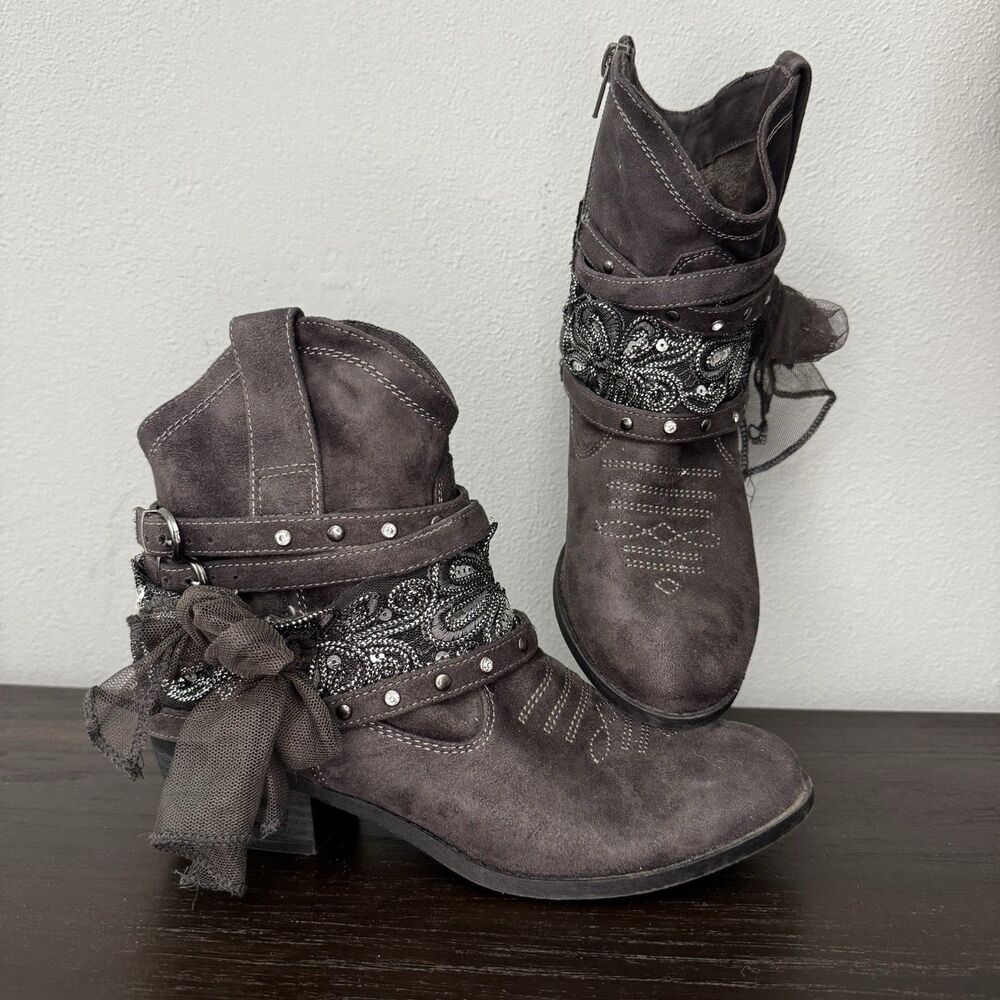 Not Rated Charcoal Faux Suede Harness Ankle Boots Rhinestone Lace Bow Bootie 7.5